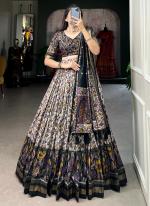 Tussar Silk Black Traditional Wear Floral Print Lehenga Choli